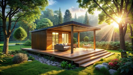 Obraz premium Modern lakeside summer house pavilion: cozy garden retreat with outdoor living.
