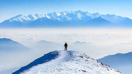 Majestic Mountain Vista: A lone hiker stands atop a snow-covered peak, gazing at a breathtaking panorama of snow-capped mountains and a sea of clouds.