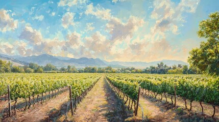 Obraz premium Scenic Vineyard Landscape Under Bright Blue Sky with Clouds