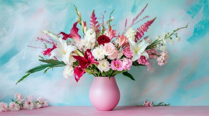 Elegant Flower Arrangement in Pink Vase Against Soft Pastel Background