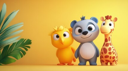Cartoon animals, a cute, stylized, 3D rendered giraffe, bear, and bird stand together against a bright, vibrant yellow backdrop, with tropical foliage subtly positioned on the left.