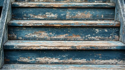 Close-up of Weathered Wooden Steps with Blue Peeling Paint Texture