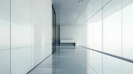 Modern Minimalist Hallway with Glossy Floors and Bright Lighting