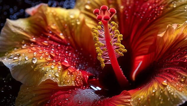 Estambres, pistilo, de flor roja y amarilla de hibiscus