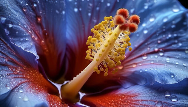 Estambre y pistilo de flor de hibiscus azul.