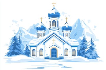 Winter Scene with Church Surrounded by Snowy Mountains and Trees