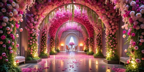 Pink floral fantasy: dreamy wedding hall photography captures enchanting ceremony moments.
