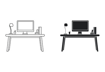 Modern computer desk with lamp black and white vector illustration on white background