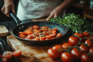 woman cooking healthy meal in bright kitchen with fresh ingredients