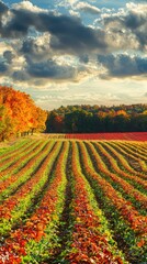 Vibrant Autumn Landscape with Rows of Colorful Harvest Fields