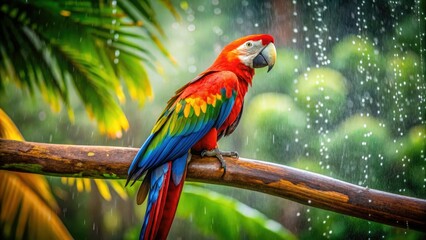 Obraz premium Rain-drenched vibrant macaw, a candid rainforest capture.
