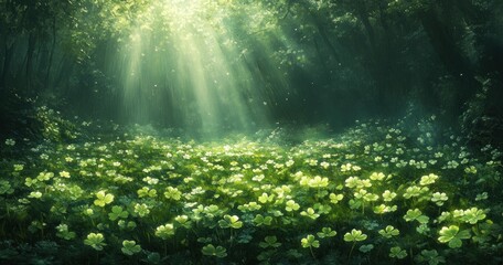 Shamrock green nature background with clovers blurred art design for St. Patrick's Day celebration