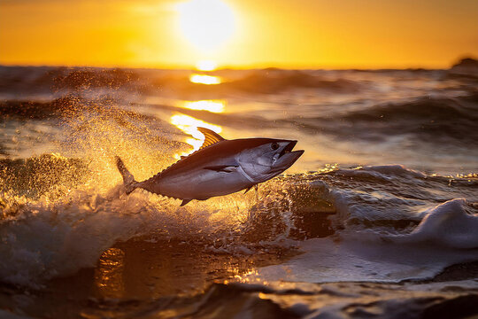 At&uacute;n saltando sobre olas al atardecer