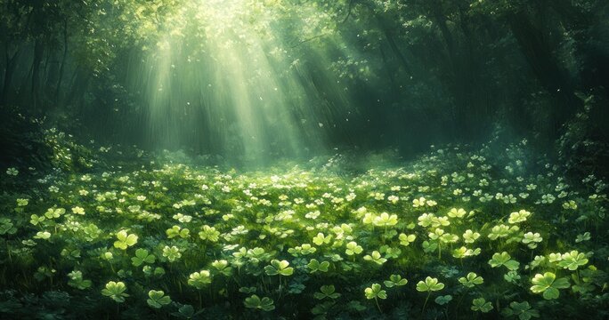 Shamrock green nature background with clovers blurred art design for St. Patrick's Day celebration - Powered by Adobe
