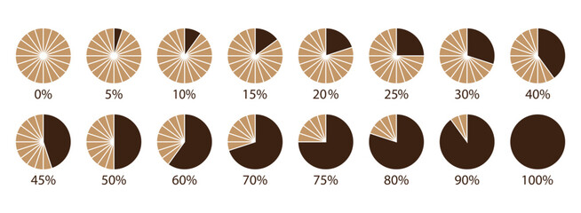 Circle 100 percent loading template. Round pie chart. Progress diagram structure. Circular grey color progress bar. Schemes with sectors. Piechart with segments and slices. Vector illustration