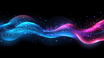Abstract glowing blue and pink waves with sparkles on black background.