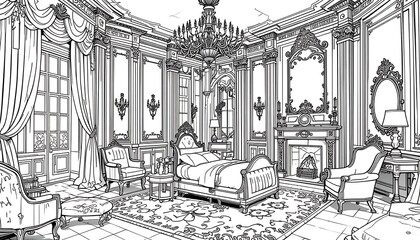 Fototapeta premium Bedroom coloring book page, drawing contours and outlines for doodle home interiors, apartment room illustration design in black and white style