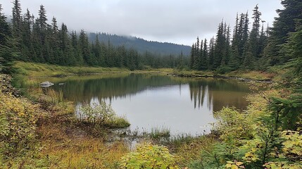 Obraz premium Mountain lake reflecting overcast sky, peaceful autumn scene, nature photography