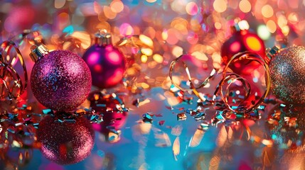 Obraz premium Colorful Christmas Ornaments with Sparkling Lights and Tinsel