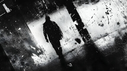 Abstract black and white photo of a person's silhouette reflected in a wet, textured surface, creating a moody and atmospheric image.