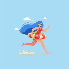 Fototapeta premium Woman Running with Swim Ring on Beach for Summer Fun