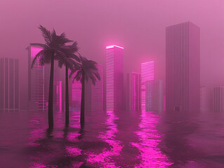 Futuristic cityscape at dusk with pink neon lights reflecting on floodwaters and palm trees