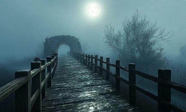 Serene moonlit landscape with a foggy pathway leading to an ancient stone bridge at night