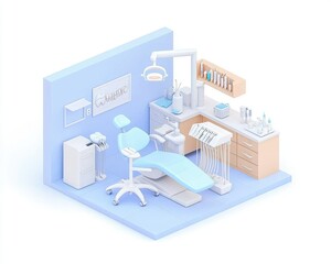 A modern dental office featuring a chair, tools, and bright colors, designed for patient comfort and efficiency.