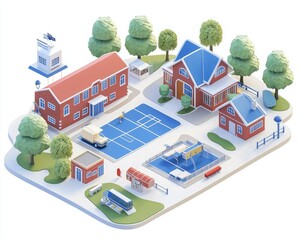 A colorful, 3D-rendered school environment featuring buildings, sports courts, and green trees, depicting a vibrant educational setting.