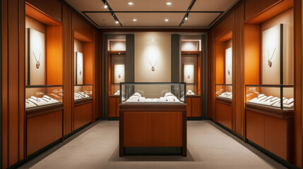 Elegant jewelry exhibition booth with sleek glass cases and warm lighting