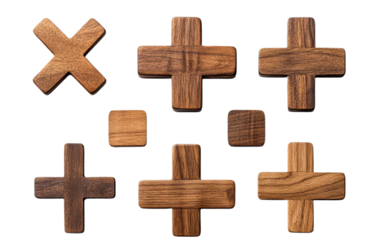 Wooden Plus and X Symbols Collection Rustic Charm Puzzle Pieces
