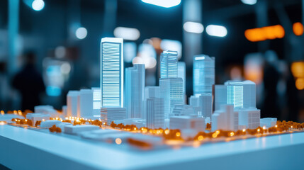 futuristic city model displayed at real estate expo, showcasing modern architecture and design