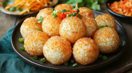 Delicious Crispy Rice Balls Garnished with Fresh Vegetables