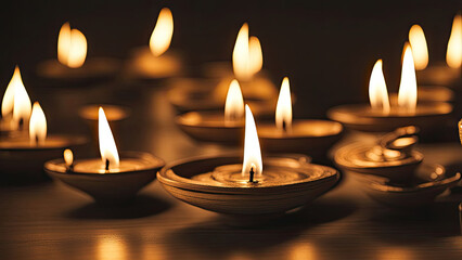 Traditional oil lamps with flickering flames cast a warm, golden glow, creating a peaceful and spiritual ambiance, symbolizing light, hope, and devotion.