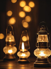 Glowing lanterns casting a warm golden light in the darkness, creating a serene and nostalgic ambiance, symbolizing tradition, festivity, and spiritual warmth.