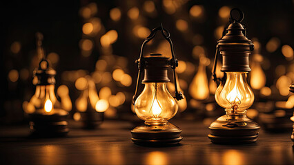 Glowing lanterns casting a warm golden light in the darkness, creating a serene and nostalgic ambiance, symbolizing tradition, festivity, and spiritual warmth.