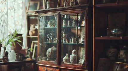 Obraz premium Vintage Display Cabinet Filled with Antique Collectibles and Decor