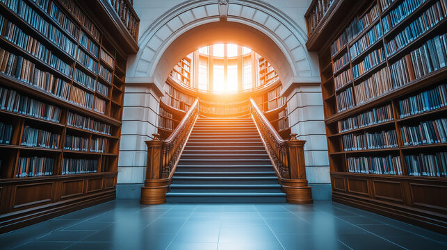 Grand historical library with towering bookshelves and illuminated staircase
