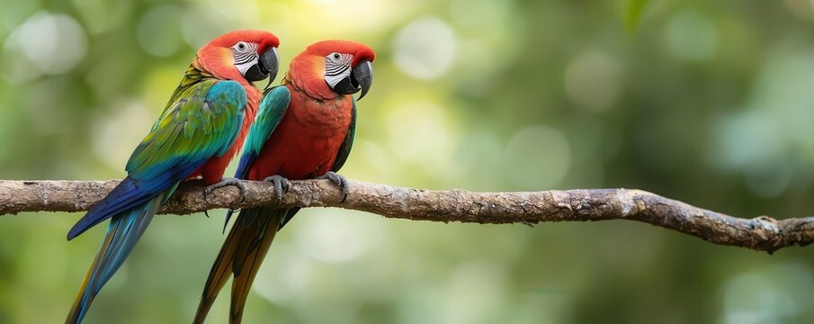 A pair of parrots perched on a tropical tree branch