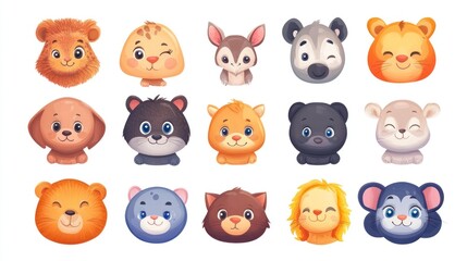 Fototapeta premium Collection of cute cartoon animal heads, various species, expressive faces, round design, adorable, children's illustration.