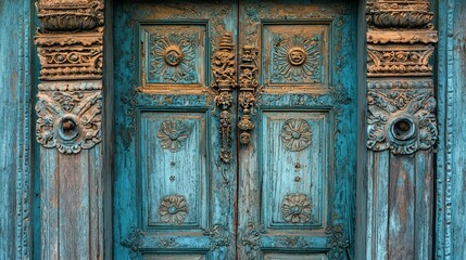 Ornate Vintage Wooden Door with Intricate Carvings and Patina