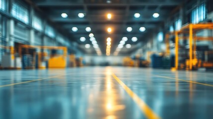 Industrial warehouse interior with bright lights, polished floor, and machinery.