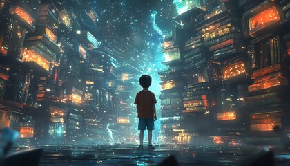 Fototapeta premium A young boy exploring a world of imagination, giant books, flying creatures, glowing pathways, magical adventure, surreal atmosphere, detailed 4K render