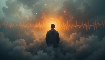 Obraz premium A silhouette stands in clouds, gazing toward a radiant glow, symbolizing introspection and the journey toward enlightenment amidst a cosmic backdrop.