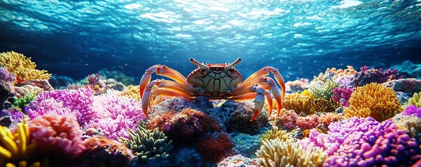 Colorful coral reefs with vibrant marine life, a swimming crab in crystalclear water, dynamic underwater scene, vivid corals, highdefinition 3D render