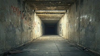 Dark Tunnel with Graffiti and Concrete Walls in Urban Environment