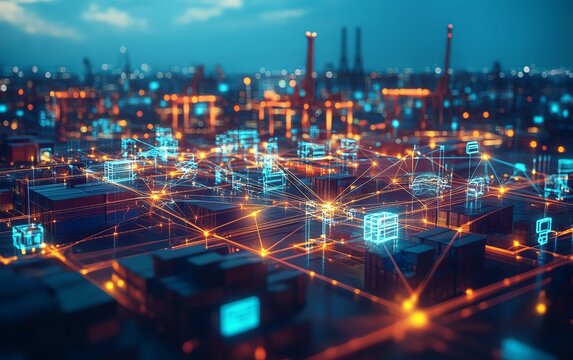 Global supply chain management system, connecting countries, digital transport routes, cargo and logistics networks, smart technology integration, vibrant and dynamic 3D render