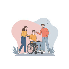 Young Man in Wheelchair with Friends Illustration Showing Support