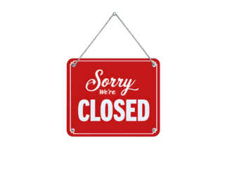A red "Sorry, Closed" sign hanging from a rope, isolated on a white background.