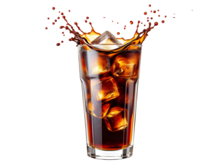 Cola, soda, drink, beverage, refreshment, fizzy, bubbles, carbonated, cold, ice, splash, liquid, glass, transparent, clear, brown, dark, light, foam, white, bubbly, effervescence, sparkling, thirst-qu